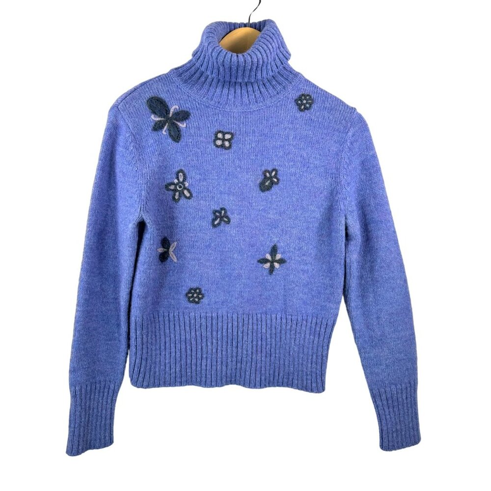 VTG Ann Taylor wool alpaca blend floral embroidered crop turtle‎ neck sweater sz